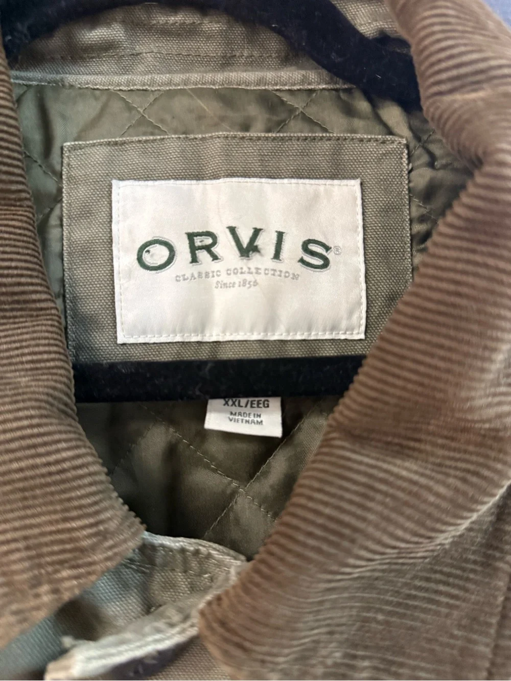 Orvis Olive Green Field Jacket with Brown Corduroy Collar